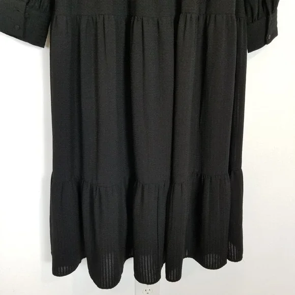 Zara Women Textured Midi Tiered Dress Sz L Black V Neck Boho Relaxed Vacation - Picture 7 of 9